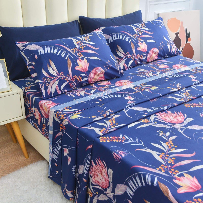 JSD Navy Blue Floral Printed Sheet Set Queen 6 Piece, Soft Microfiber Botanical Pattern Bed Sheets Extra Deep Pocket - Image 3